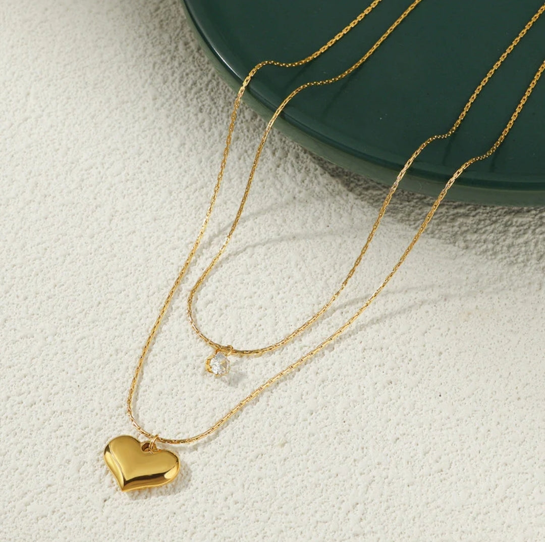 Layered Heart & Solitaire Necklace
