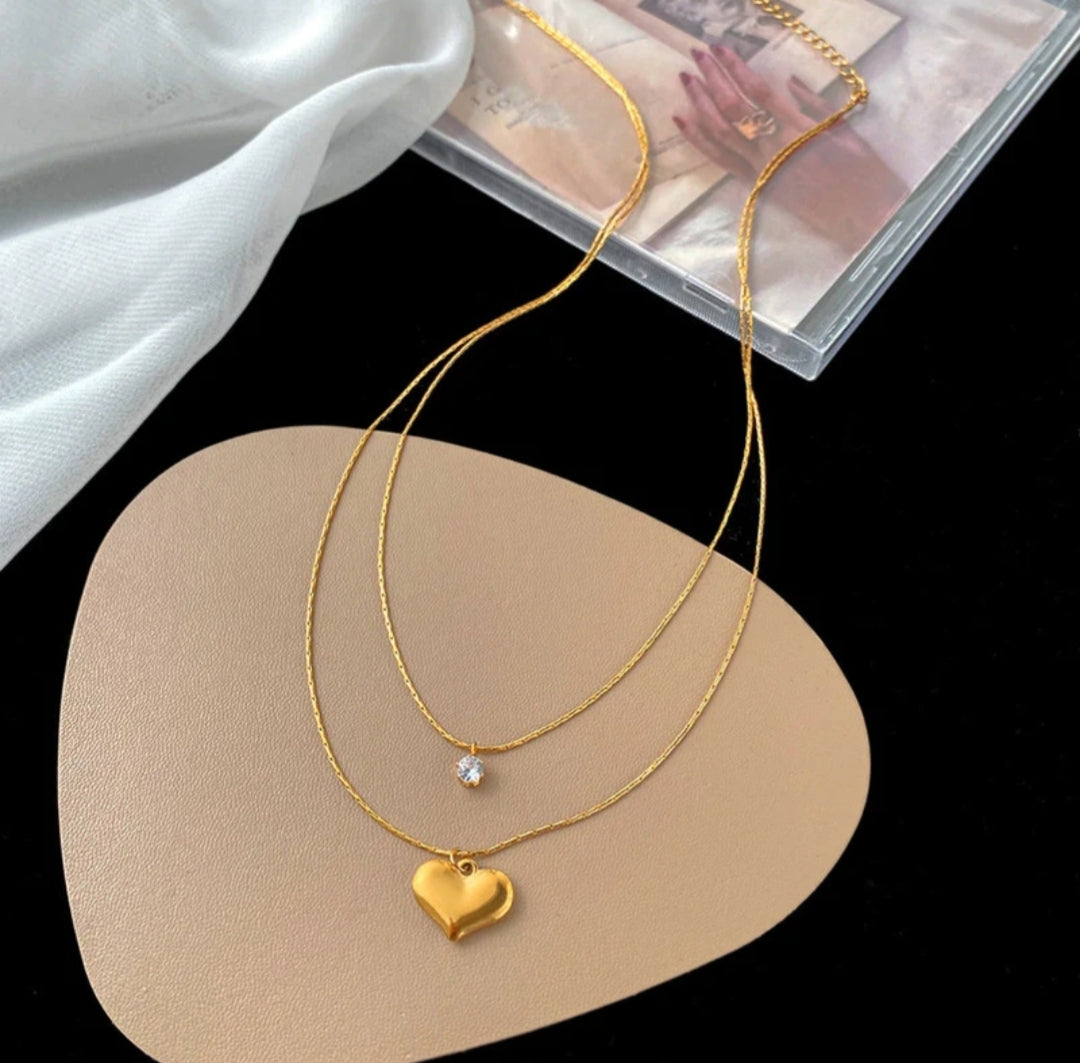 Layered Heart & Solitaire Necklace